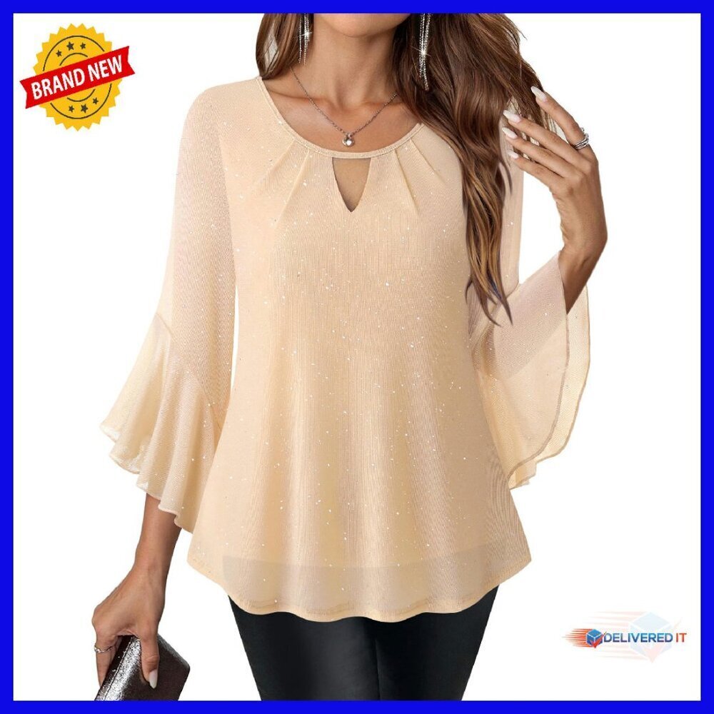 Sparkly Mesh Blouse 3/4 Bell Sleeve Ruffle Cocktail Party Top